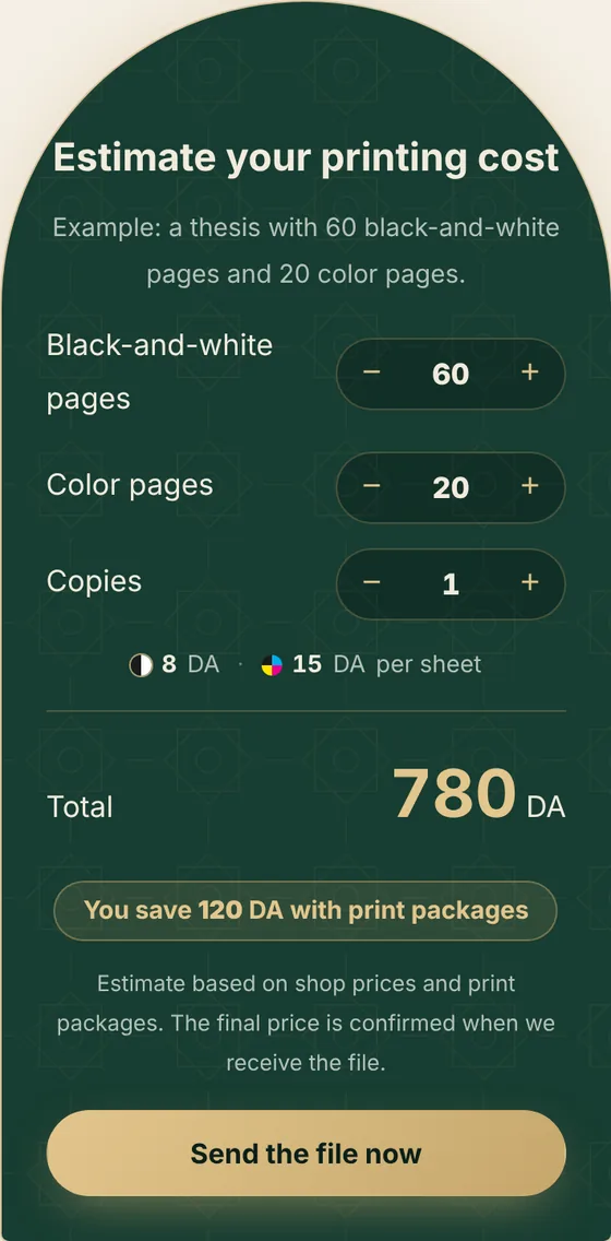 Printing cost calculator: 60 black-and-white pages, 20 color pages and one copy give a total of 780 DA, with a saving of 120 DA